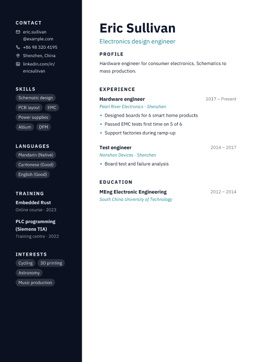 Electronics design engineer resume template, Stack design