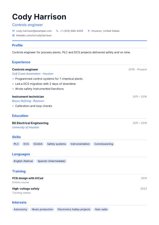 Controls engineer resume template, Commit design