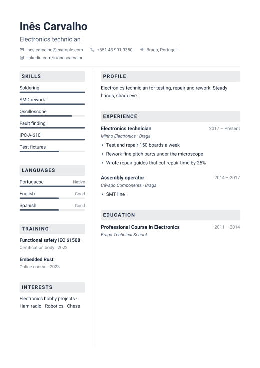 Electronics technician resume template, Kernel design