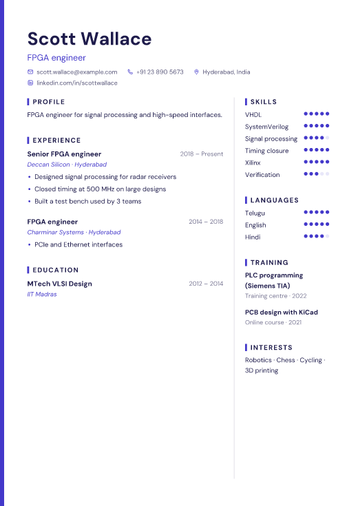 FPGA engineer resume template, Pixel design