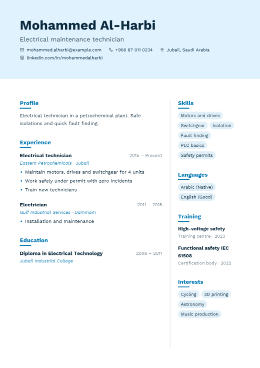 Electrical maintenance technician resume template, Cloud design