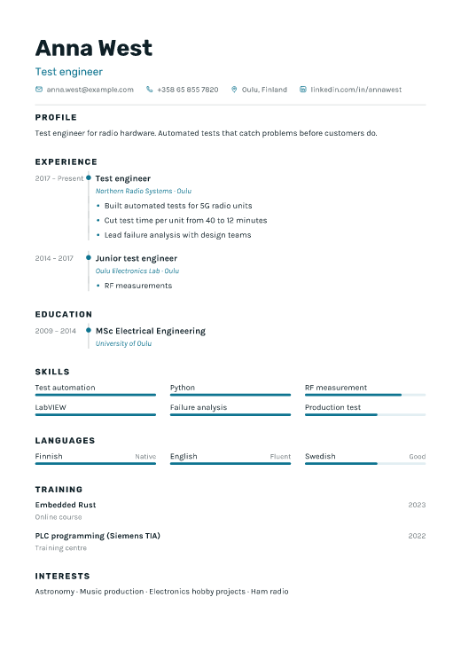 Test engineer resume template, Signal design