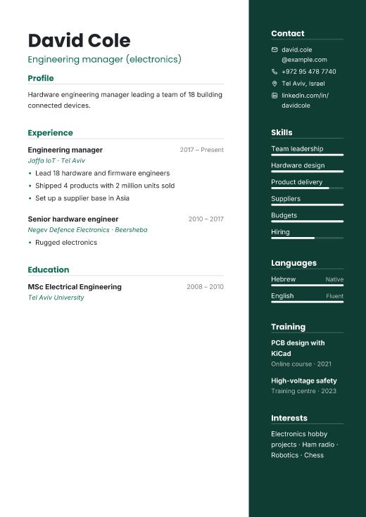 Engineering manager (electronics) resume template, Vector design