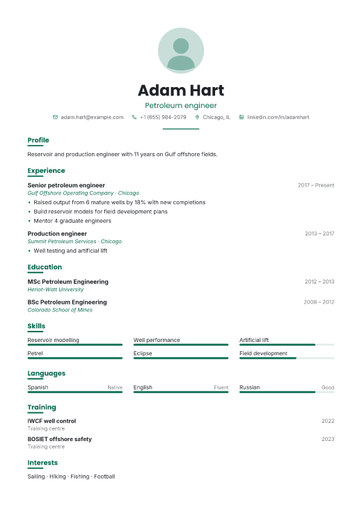 Petroleum engineer resume template, Shift design