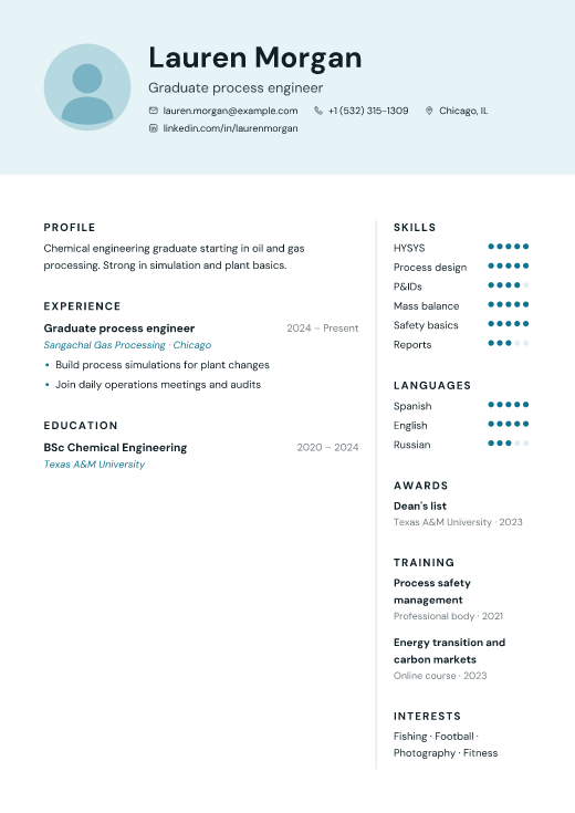 Graduate process engineer resume template, Crew design