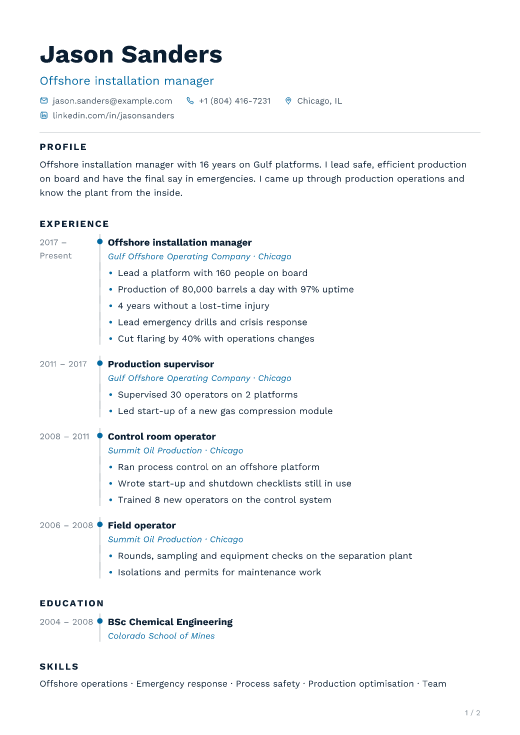 Offshore installation manager resume template, Harbour design, 2 pages