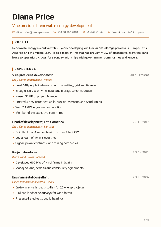 Vice president, renewable energy development resume template, Workshop design, 3 pages