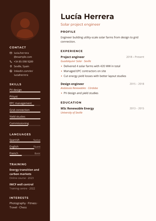 Solar project engineer resume template, Site design