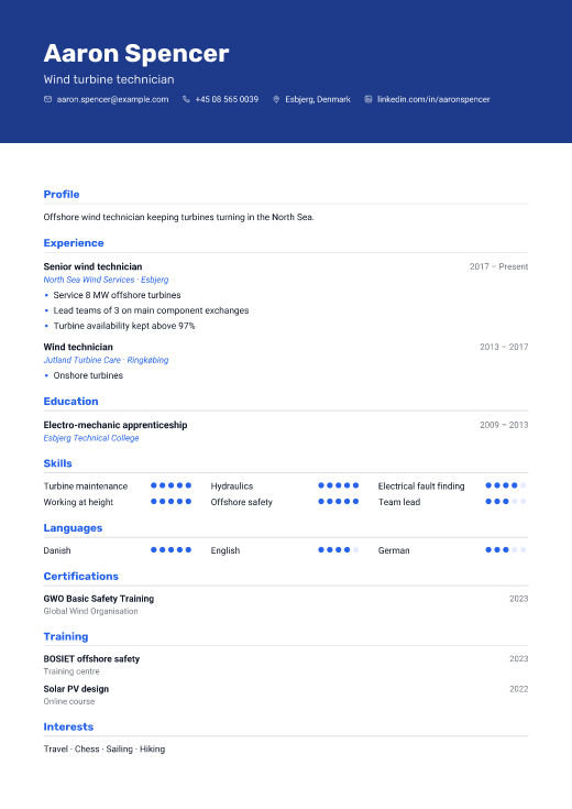 Wind turbine technician resume template, Route design