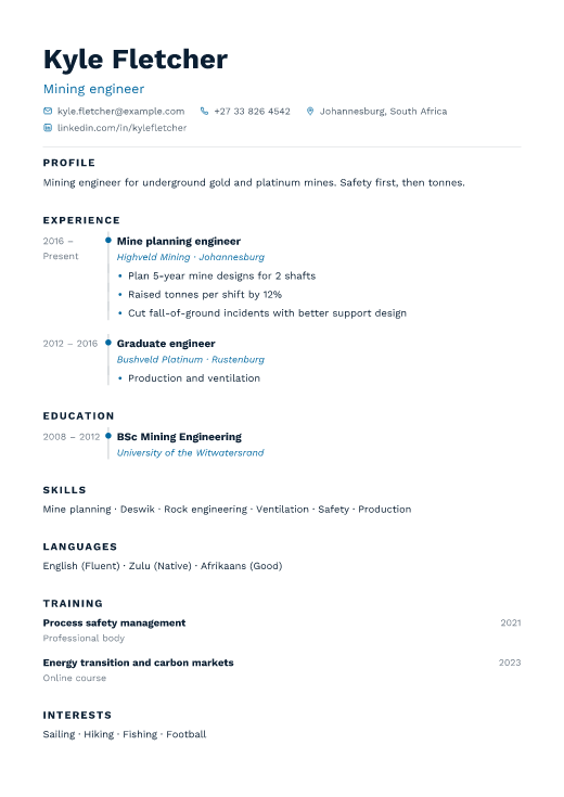 Mining engineer resume template, Harbour design