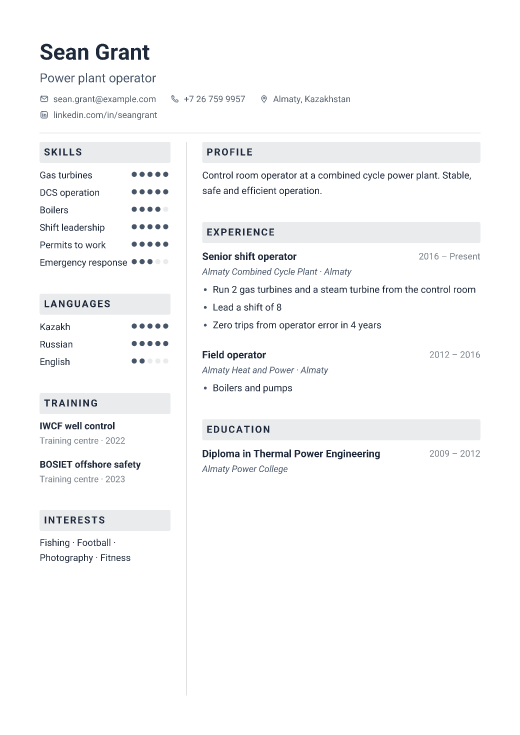 Power plant operator resume template, Toolbox design
