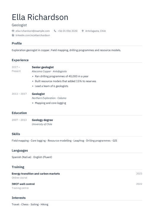 Geologist resume template, Depot design