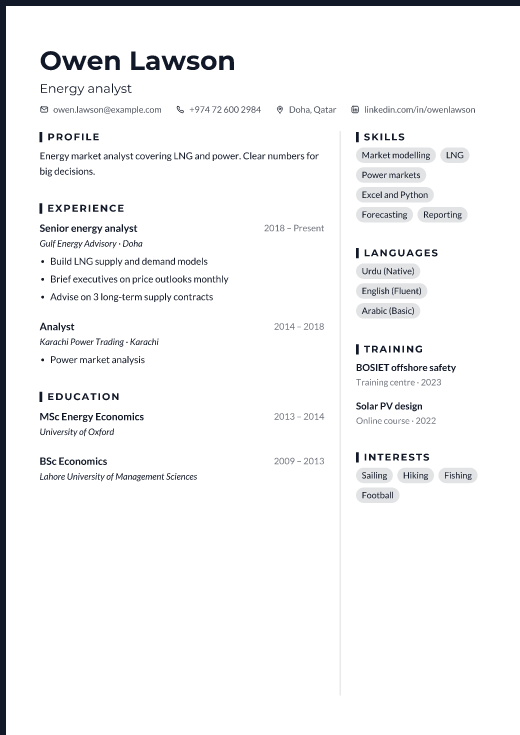 Energy analyst resume template, Forge design