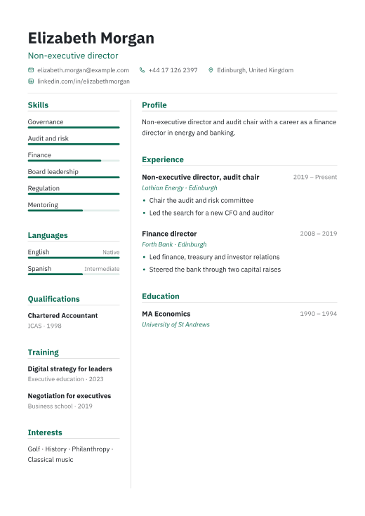 Non-executive director resume template, Treasury design