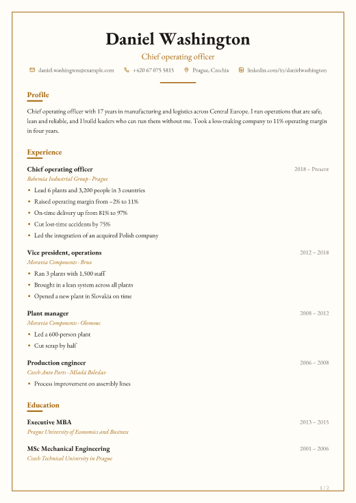 Chief operating officer resume template, Chambers design, 2 pages