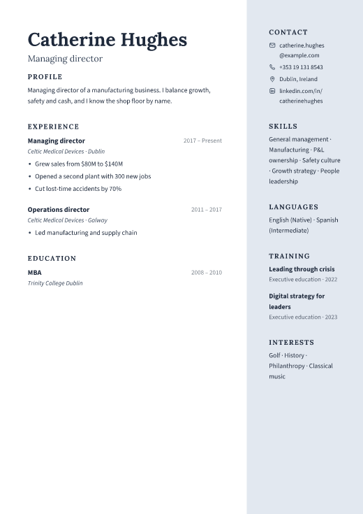 Managing director resume template, Atrium design