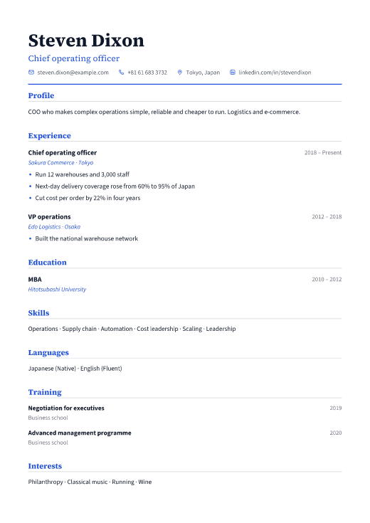 Chief operating officer resume template, Classic design