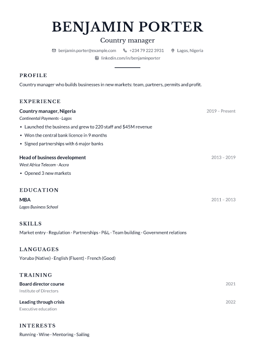 Country manager resume template, Counsel design