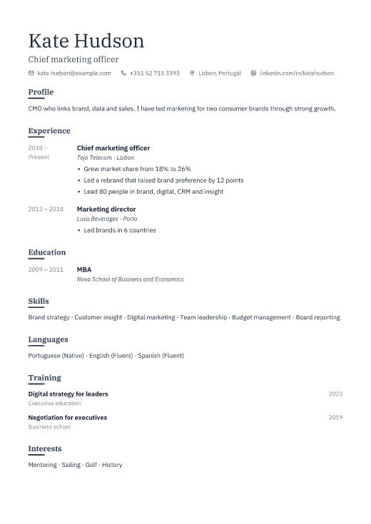 Chief marketing officer resume template, Ledger design
