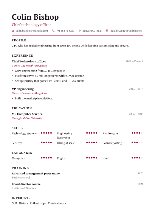Chief technology officer resume template, Charter design