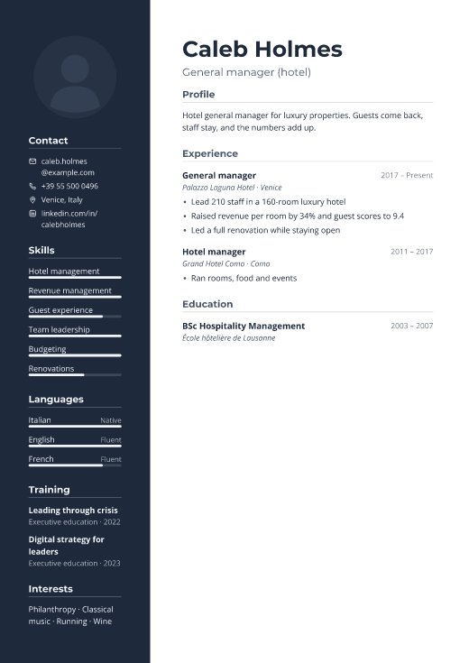 General manager (hotel) resume template, Boardroom design