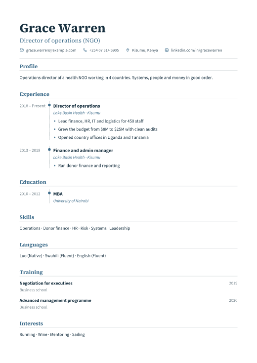 Director of operations (NGO) resume template, Registry design