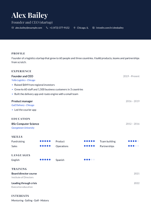 Founder and CEO (startup) resume template, Embassy design