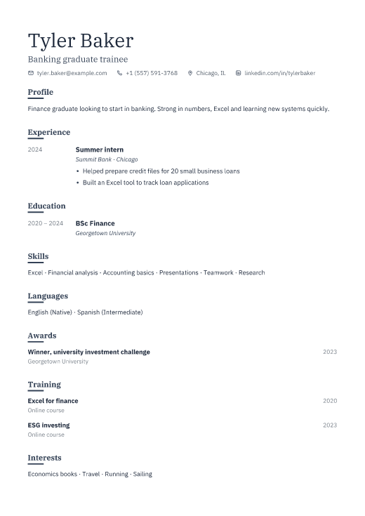 Banking graduate trainee resume template, Ledger design
