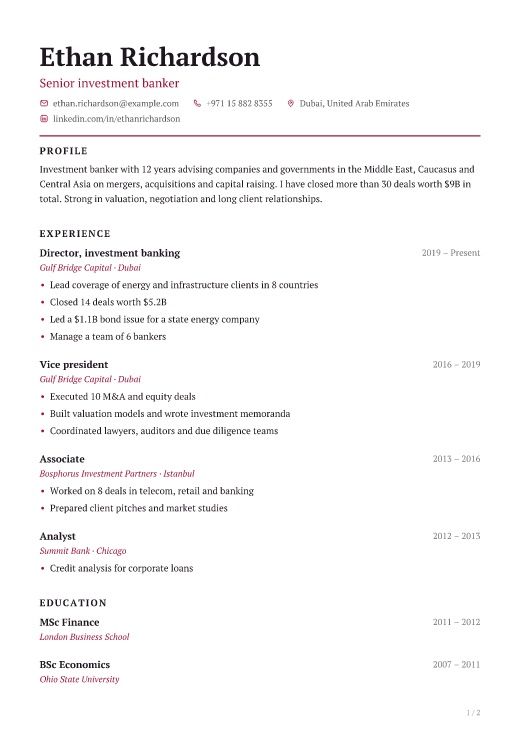 Senior investment banker resume template, Charter design, 2 pages