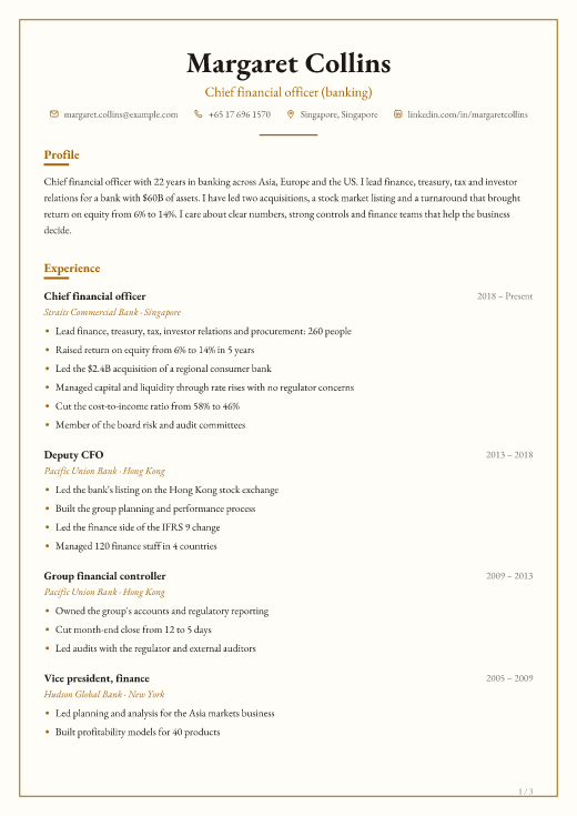 Chief financial officer (banking) resume template, Chambers design, 3 pages