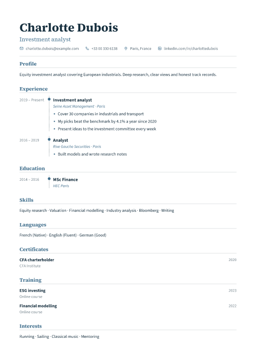 Investment analyst resume template, Registry design