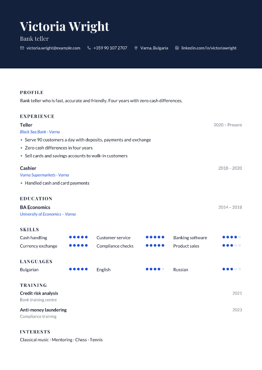 Bank teller resume template, Embassy design