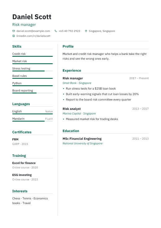 Risk manager resume template, Treasury design