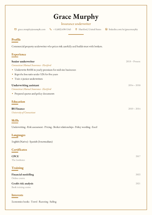 Insurance underwriter resume template, Chambers design