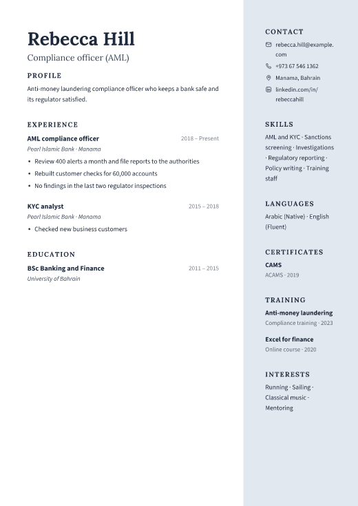 Compliance officer (AML) resume template, Atrium design