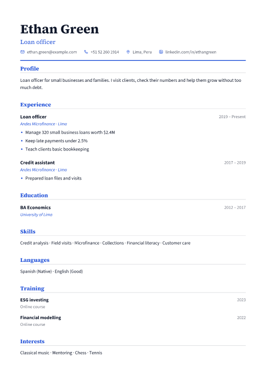 Loan officer resume template, Classic design