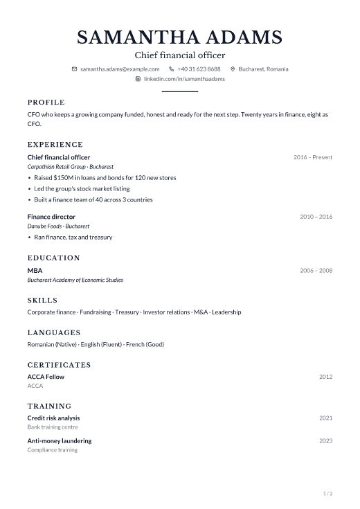Chief financial officer resume template, Counsel design