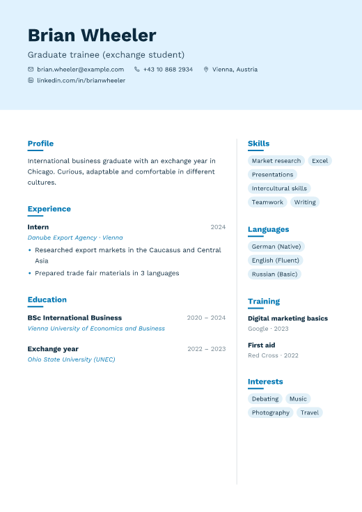 Graduate trainee (exchange student) resume template, Cloud design