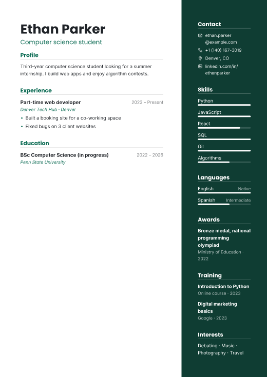 Computer science student resume template, Vector design
