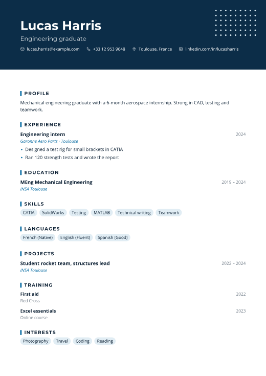 Engineering graduate resume template, Uptime design