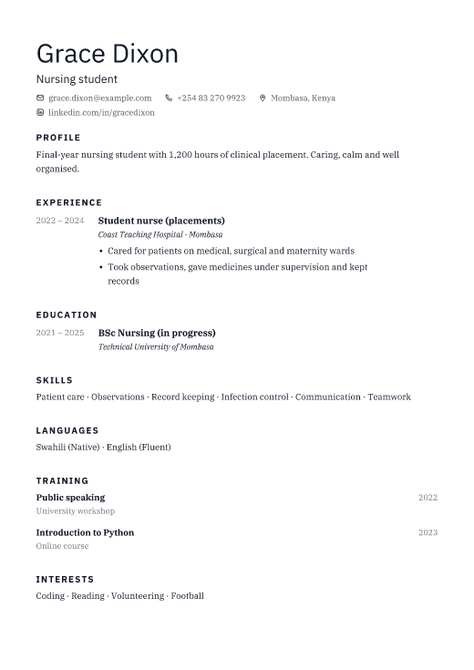 Nursing student resume template, Shell design