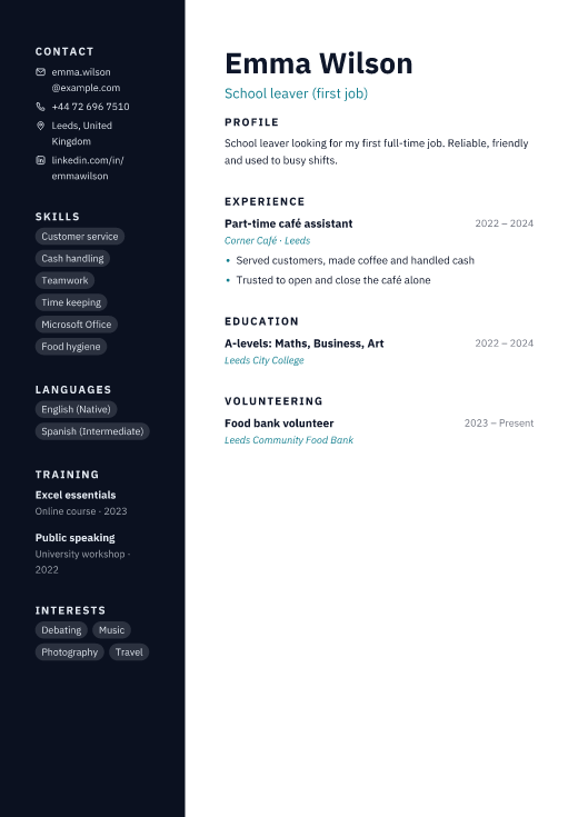 School leaver (first job) resume template, Stack design