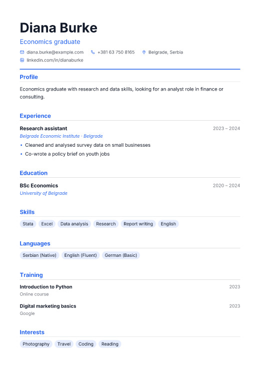 Economics graduate resume template, Commit design