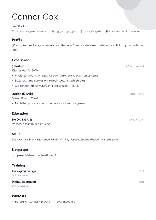 3D artist resume template, Gallery design