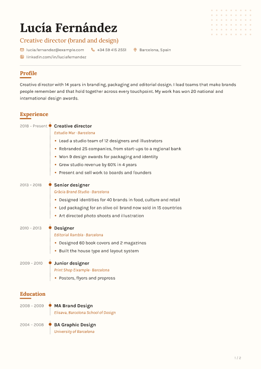 Creative director (brand and design) resume template, Sketch design, 2 pages