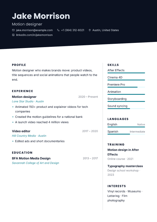 Motion designer resume template, Neon design
