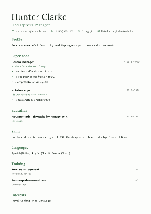 Hotel general manager resume template, Calm design