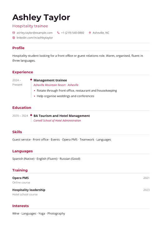 Hospitality trainee resume template, Pulse design