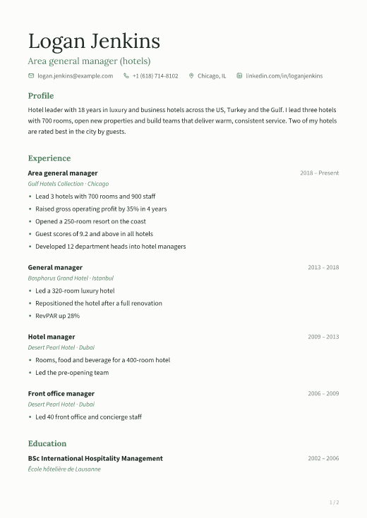 Area general manager (hotels) resume template, Calm design, 2 pages