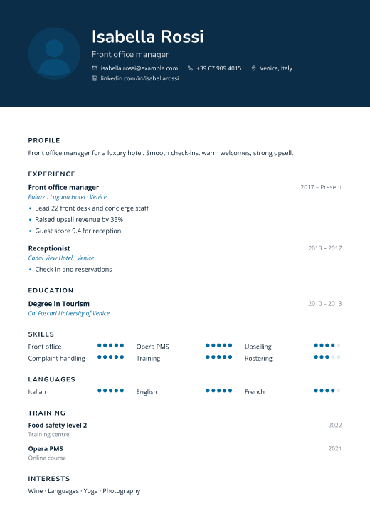 Front office manager resume template, Rounds design